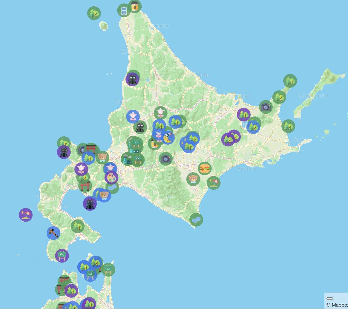 A real Ikuzo map: Hokkaido, with dozens of spots marked by type and status
