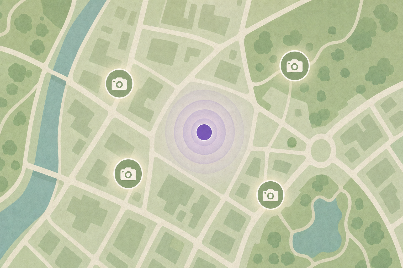 A you-are-here dot surrounded by nearby camera-spot markers