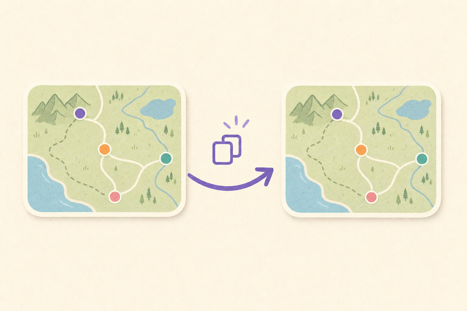 Two travel-map cards with an arrow, showing one map being copied to another